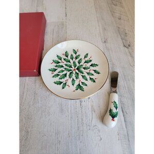 Lenox holiday cheese‎ plate knife mistletoe Xmas kitchen home decor